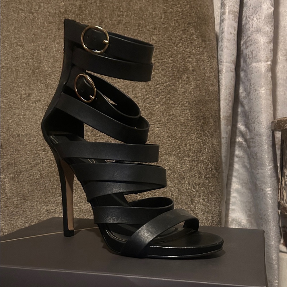 Aldo Black Strappy Heels with Gold Buckles
